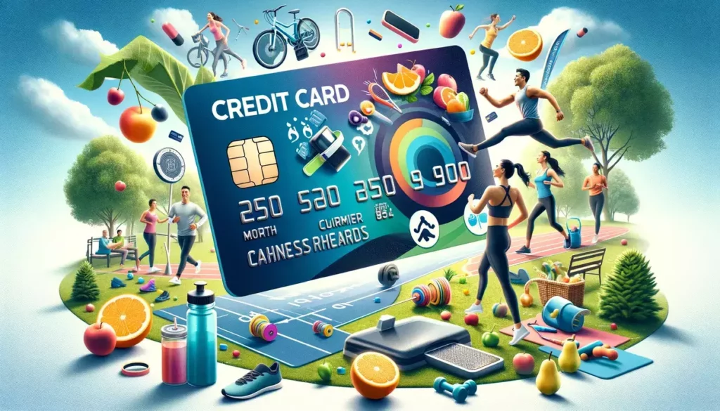 The image vividly illustrates a credit card designed for students, accentuating fitness and health incentives. Positioned in a dynamic, lively setting, the credit card is adorned with health-related icons, foregrounding amidst fitness paraphernalia like running shoes and a hydration bottle. The backdrop is alive with students engaged in outdoor activities or fitness classes, showcasing the card's encouragement of a healthy lifestyle. The scene radiates energy and positivity, emphasizing the connection between financial savvy and pursuing wellness.