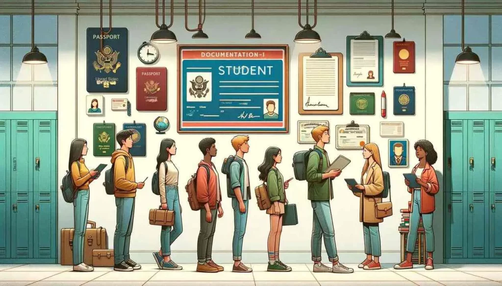 The illustration showcases a diverse group of students from various backgrounds, each holding different forms of documentation required for student ID cards, including a passport, a driver's license, a birth certificate, and a school enrollment letter. They are situated in an indoor setting that suggests an educational environment, with elements like books, a globe, and a digital tablet subtly included in the background. The setting appears to be a school or university hallway, adorned with lockers and bulletin boards, emphasizing the importance of preparedness and organization in an academic setting.