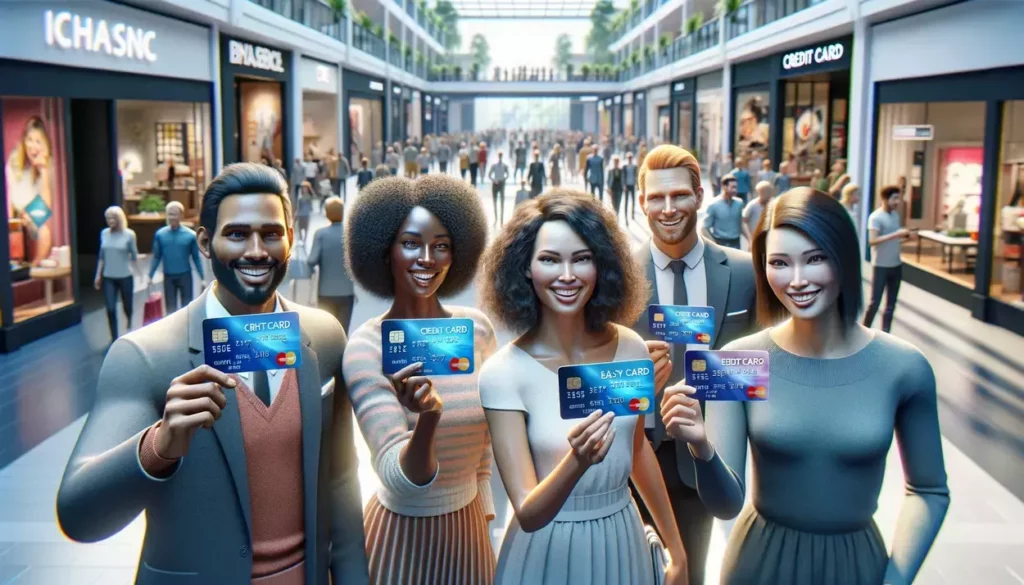 scene of diverse people in a modern shopping mall, each holding a credit card that symbolizes easy approval. The atmosphere is vibrant and bustling, capturing the excitement of obtaining new store credit cards.