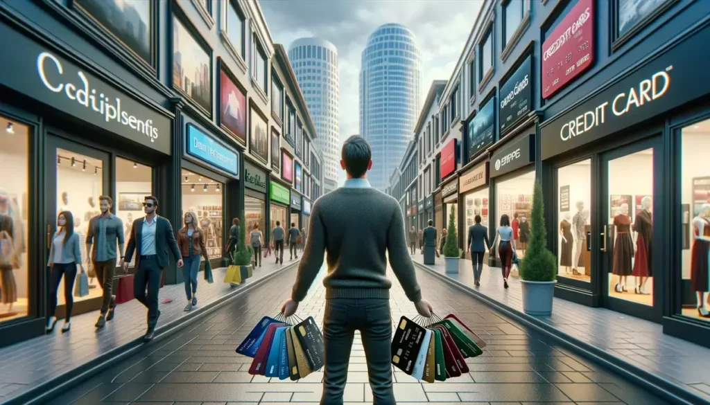 scene of an individual in front of various retail store entrances, holding multiple credit cards with a sense of achievement. This scene captures the essence of shopping freedom and the variety of store credit cards available for easy approval.