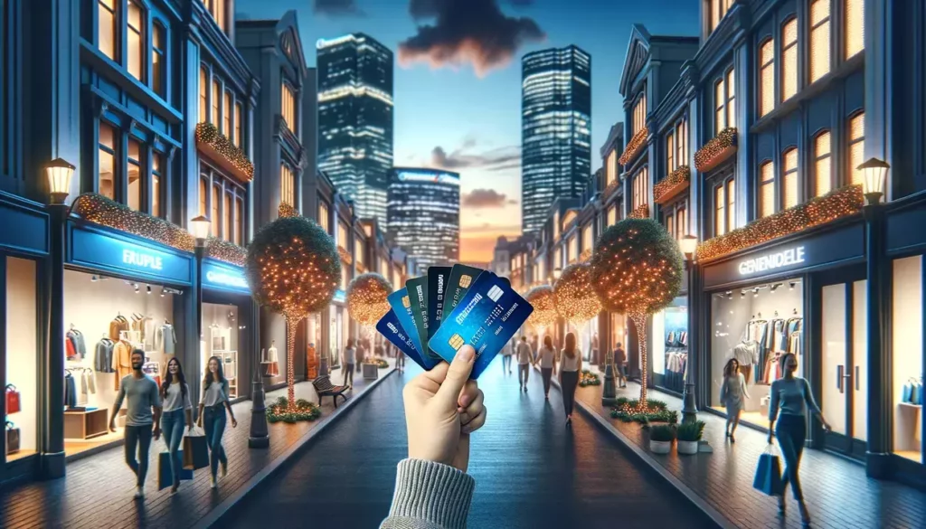 evening scene in a bustling city street, with a young adult holding up a collection of generic, easy approval credit cards. The atmosphere is vibrant, reflecting the excitement of urban retail therapy and the joy of financial empowerment.