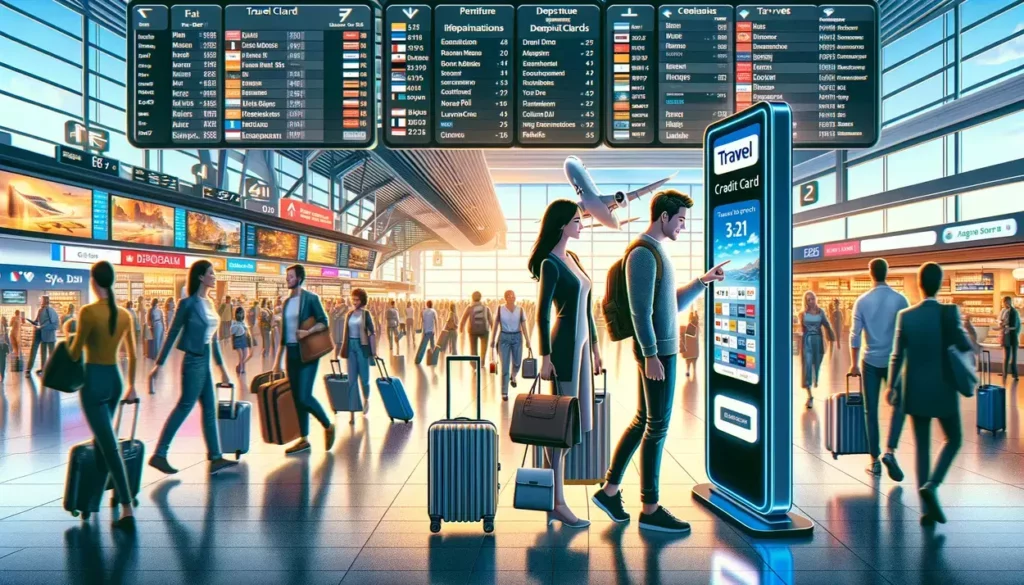 a modern airport scene with a couple comparing travel credit cards at a digital information kiosk.