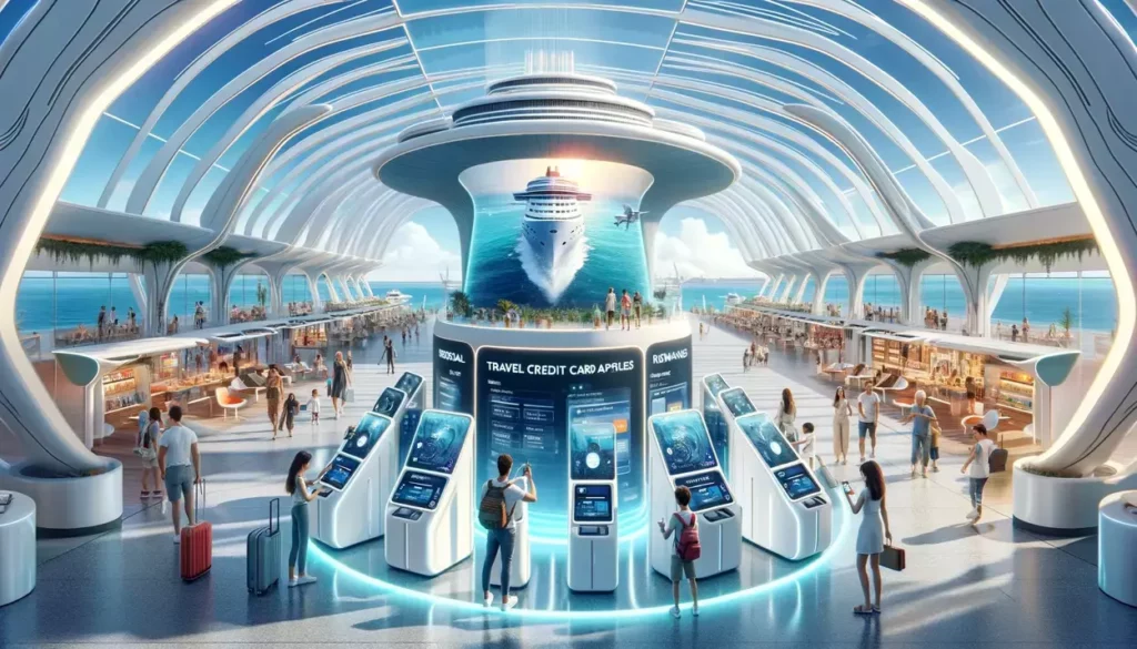 The interior of a modern, ocean-inspired cruise ship terminal, illuminated by natural light through a transparent roof. Travelers interact with kiosks for travel credit card rewards and manage their journey with smart devices, emphasizing a seamless blend of sustainability, technology, and the anticipation of adventure.