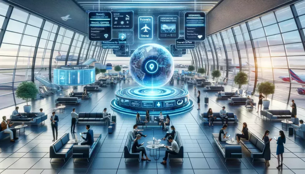 A futuristic airport lounge with travelers interacting with a holographic display of personalized travel offers linked to their credit cards. The scene is set in a modern, high-tech environment with digital interfaces and a color scheme of cool blues and metallics.