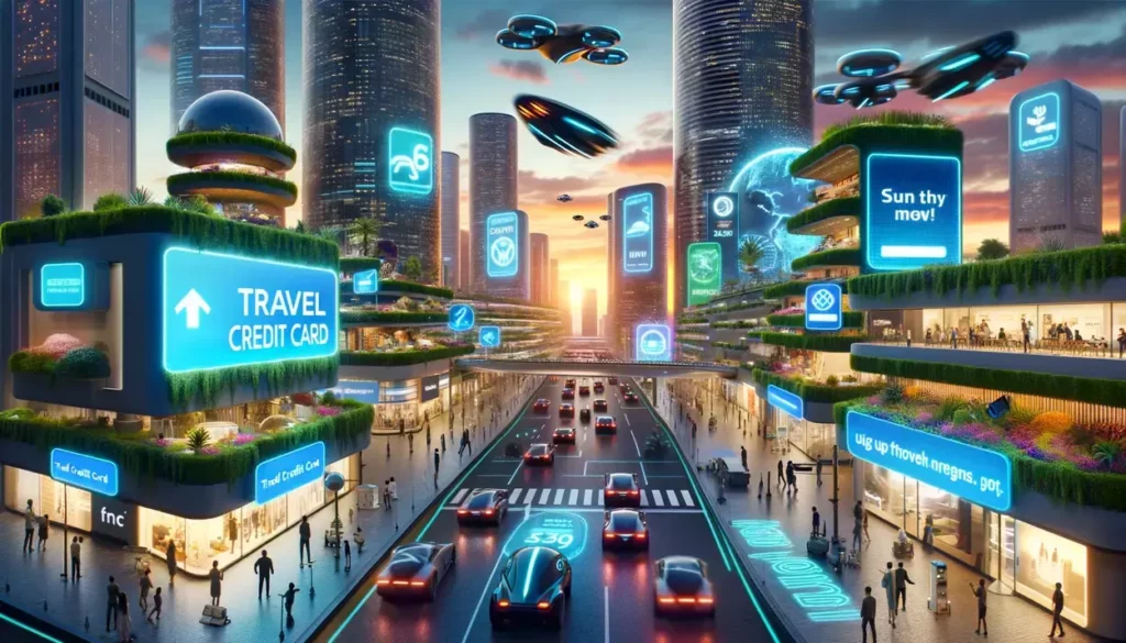 Dusk in a futuristic city, alive with neon lights and holographic displays advertising travel credit cards. Flying cars and pedestrians with augmented reality glasses navigate between buildings adorned with green roofs and vertical gardens, highlighting the blend of technology, travel, and sustainability.