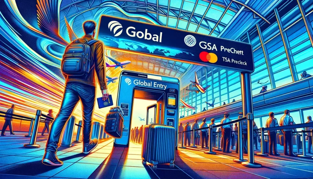 International airport terminal scene with a traveler smoothly navigating Global Entry, showcasing time-saving benefits.