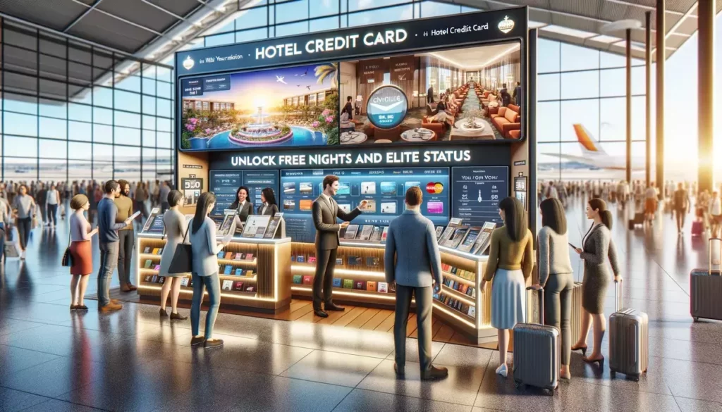 Travelers queue at an airport kiosk for 'Hotel Credit Cards' under a large digital display of luxurious accommodations. Representatives engage with customers, handing out information and promoting the card's benefits. Two excited travelers discuss the perks of their new credit card, anticipating free nights and elite status.