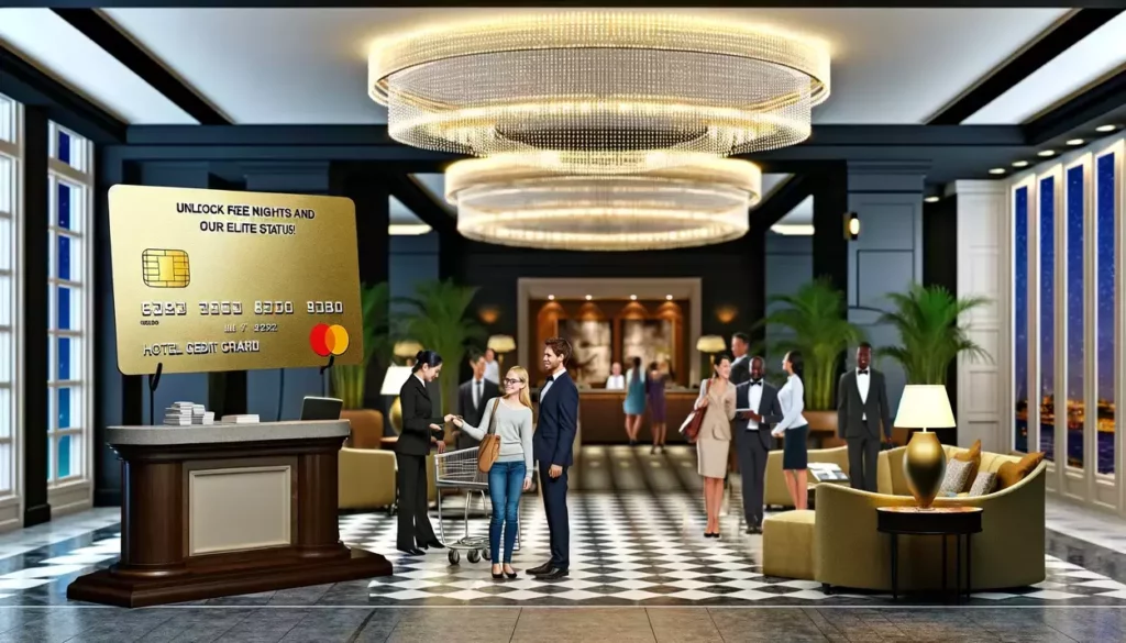 A luxurious hotel lobby scene with guests checking in at a reception adorned with a gold credit card model and a sign promoting free nights and elite status. A happy couple receives a golden key card from a staff member, with exclusive amenities visible in the background.