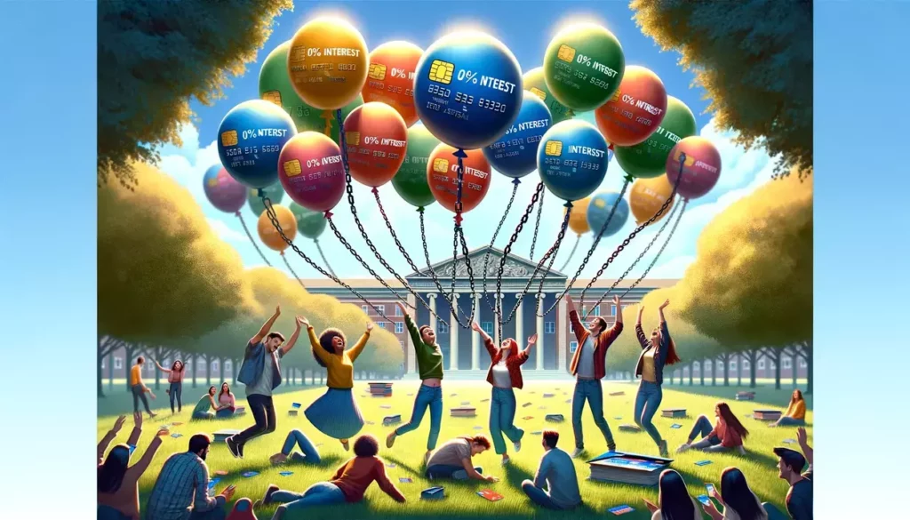 The illustration captures a metaphor for interest-free periods on student credit cards, highlighting financial freedom and education. It features a group of diverse students joyfully releasing heavy chains, symbolizing financial burdens, into the sky. These chains transform into colorful balloons with credit card symbols and '0% Interest' written on them, floating towards a bright future. The scene is set on a grassy campus outside a university building, embodying the academic journey and relief from financial stress. Students, in casual attire, laugh and interact, creating a sense of community and support, under a banner that proclaims 'Freedom from Interest!' This image vividly represents the relief and opportunity provided by interest-free periods, encouraging a bright, unburdened educational path.