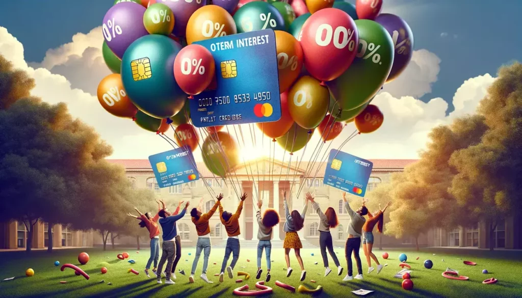 The illustration captures a metaphor for interest-free periods on student credit cards, highlighting financial freedom and education. It features a group of diverse students joyfully releasing heavy chains, symbolizing financial burdens, into the sky. These chains transform into colorful balloons with credit card symbols and '0% Interest' written on them, floating towards a bright future. The scene is set on a grassy campus outside a university building, embodying the academic journey and relief from financial stress. Students, in casual attire, laugh and interact, creating a sense of community and support, under a banner that proclaims 'Freedom from Interest!' This image vividly represents the relief and opportunity provided by interest-free periods, encouraging a bright, unburdened educational path.