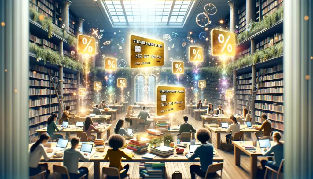 The scene is set in a modern, spacious library where students of various ethnicities and backgrounds study and collaborate around tables filled with educational materials. Among these items, miniature golden credit cards stand upright, emitting beams of light towards the ceiling, symbolizing empowerment and the opportunities provided by interest-free financial options. The library, with its large windows, allows natural light to flood in, creating a warm, inviting atmosphere. Magical, ethereal symbols of percentages float above, dissolving into sparkles to represent the disappearance of interest rates, conveying the supportive role of financial tools in education and the benefits of interest-free periods.