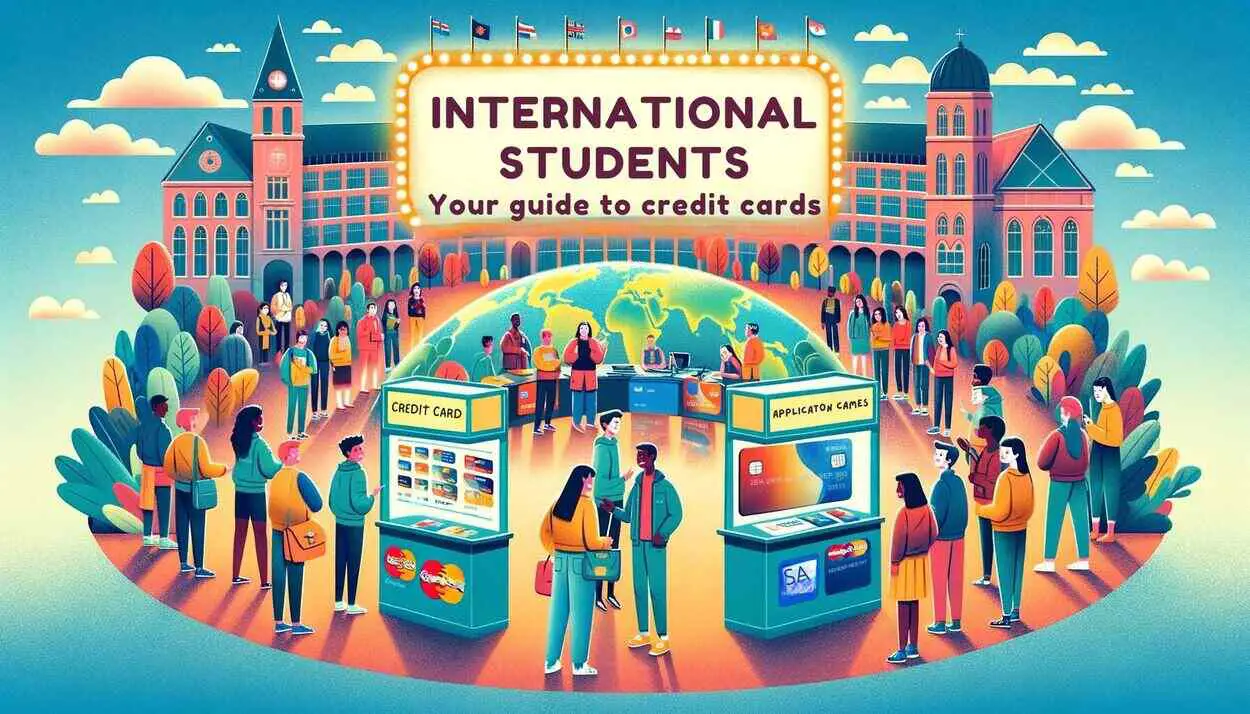 This illustration vividly portrays a welcoming and educational scene for international students, guiding them on credit card applications. Featuring a diverse group of students, informational booths, and a global university campus backdrop, it emphasizes diversity, guidance, and education on financial matters.