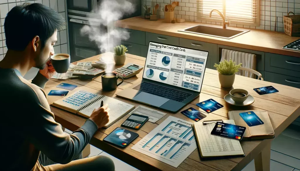 Early morning financial management scene with a person at a kitchen table surrounded by credit cards, budget notes, and a laptop displaying a financial dashboard.