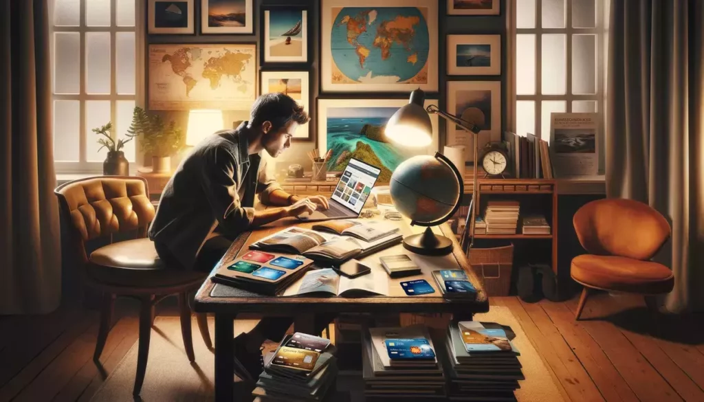 A person in their 30s is seated at a vintage desk in a cozy, well-lit home office, comparing travel credit cards on a laptop amidst travel guides for the Maldives, Kyoto, and the Swiss Alps, symbolizing the search for unique travel adventures with niche credit card benefits.