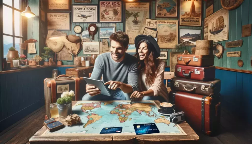 An adventurous couple in their late 20s, discussing niche travel credit cards at a café table, with a world map and pins on Bora Bora, Petra, and Machu Picchu in front, surrounded by travel memorabilia and vintage décor, embodying the excitement of planning unique journeys.