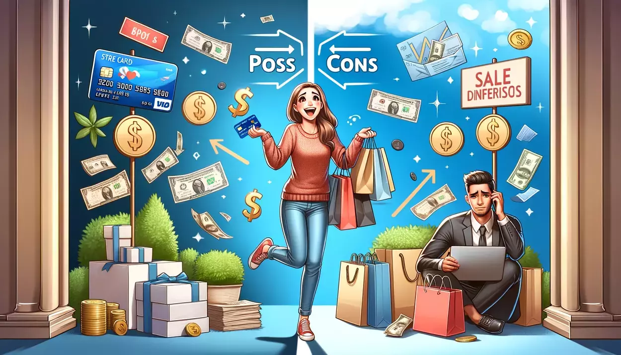 Realistic scene contrasting the benefits and drawbacks of store credit cards, with one shopper enjoying discounts and rewards amidst shopping bags and sale signs, and another stressed by bills and high interest rates.
