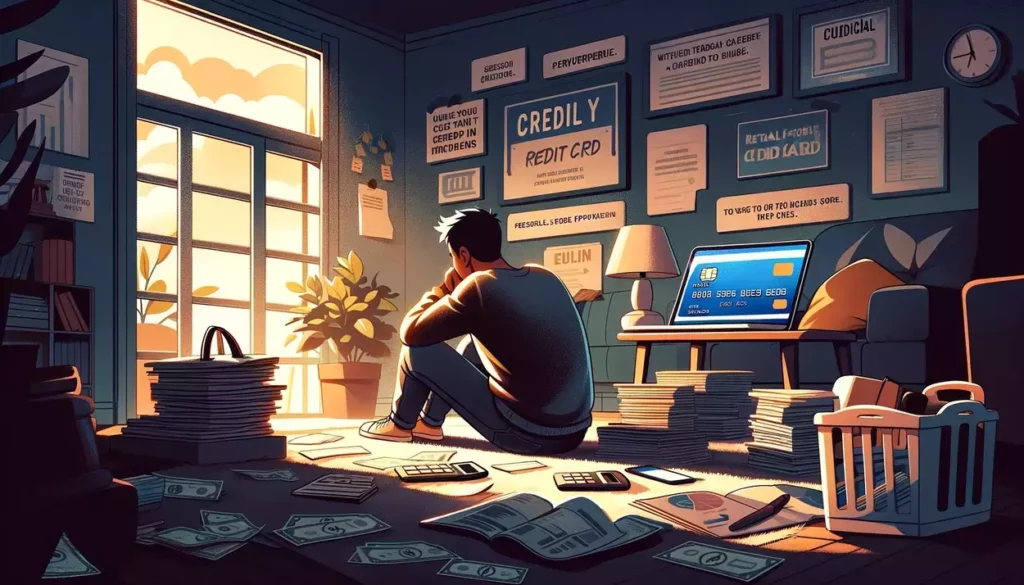 An individual seated at a cozy home desk, deeply engrossed in financial planning, surrounded by visible signs of effort to improve credit: an open laptop showing a credit improvement website, scattered bills, a financial planning notebook, and inspirational quotes about perseverance and financial literacy in the background, conveying a mix of hope and determination to overcome financial challenges.