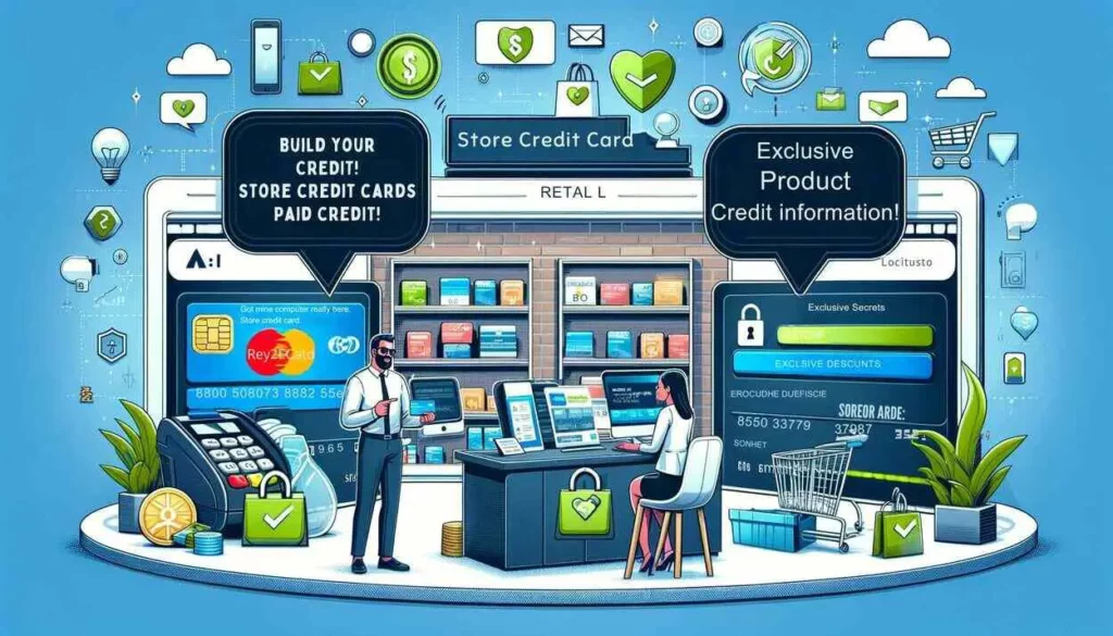 illustrations that capture the dual themes of securing Retail Store Credit Cards with bad credit and protecting credit card information from fraud. The scenes depict the journey towards financial empowerment and the importance of information security.