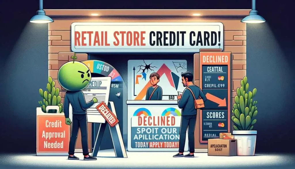 illustrations that convey why Retail Store Credit Cards are difficult to secure with bad credit, featuring a character facing rejection and symbols representing the challenges associated with bad credit.