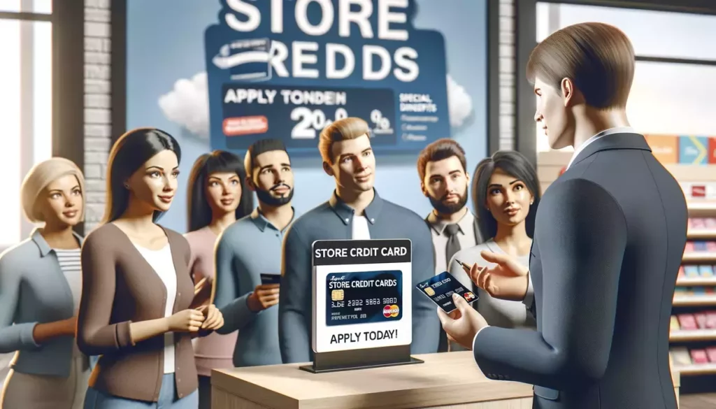 scenes in a retail store, where customers are learning about store credit cards from a friendly salesperson. These scenes further illustrate the informative interactions and the shoppers' interest in the benefits of the credit cards.
