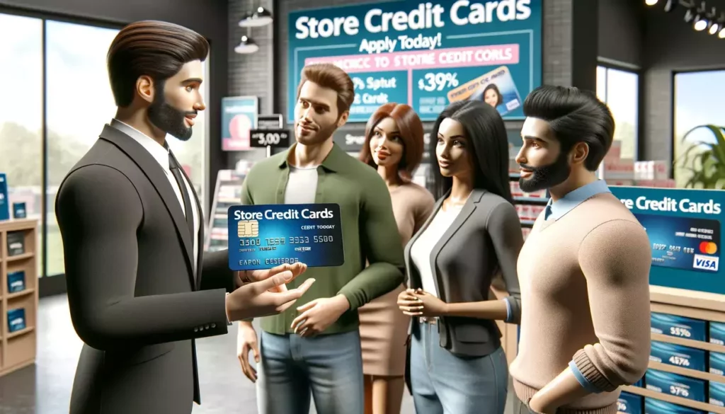 scenes in a retail store, where customers are learning about store credit cards from a friendly salesperson. These scenes further illustrate the informative interactions and the shoppers' interest in the benefits of the credit cards.