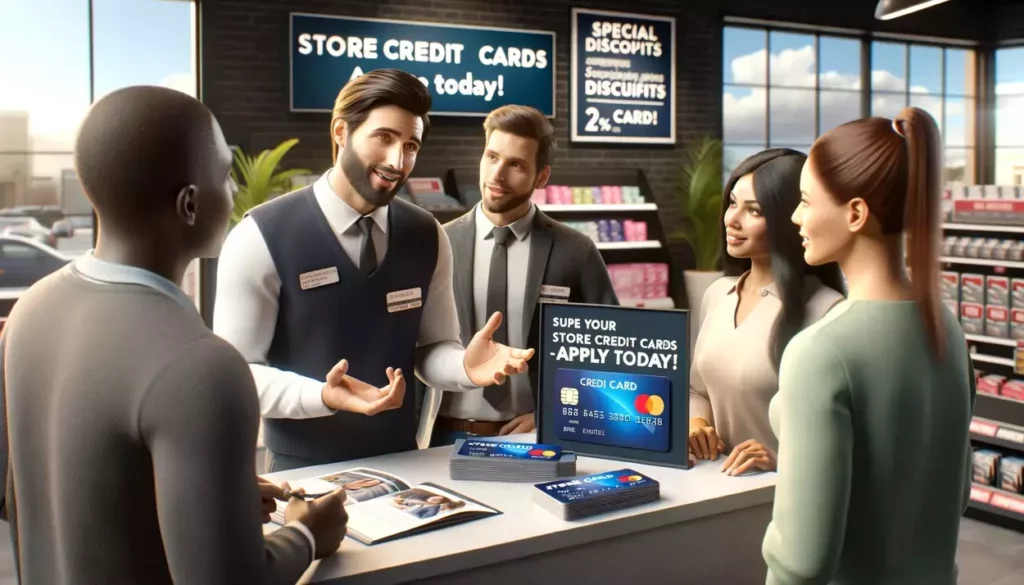 scenes in a retail store setting, where customers are being introduced to store credit cards by a friendly salesperson. These scenes capture the engagement and informational exchange between the salesperson and potential cardholders, set against the backdrop of a retail environment promoting the benefits of store credit cards.