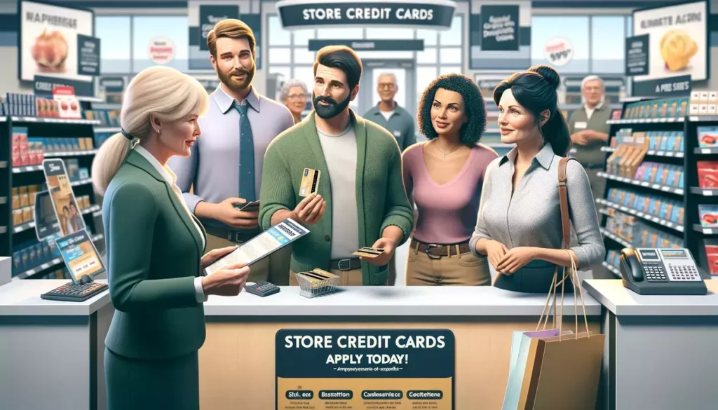 scenes in a retail store setting, where customers are being introduced to store credit cards by a friendly salesperson. These scenes capture the engagement and informational exchange between the salesperson and potential cardholders, set against the backdrop of a retail environment promoting the benefits of store credit cards.