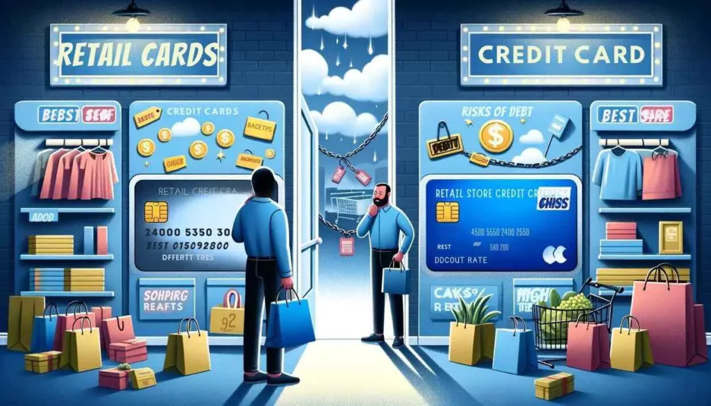 A shopper in a retail store thoughtfully looks at a retail store credit card, visually torn between the benefits and risks. Happy shopping bags and discount tags float on one side, while chains and warning signs loom on the other, depicting the dilemma of using retail store credit cards.