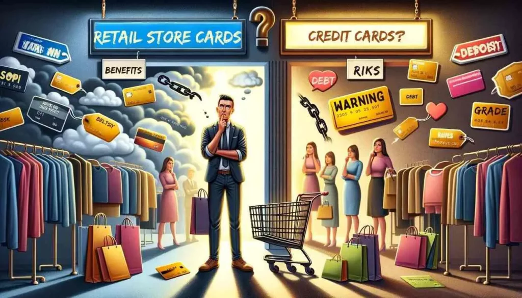 A realistic depiction of a shopper contemplating a retail store credit card, surrounded by symbols of discounts and rewards on one side, and debt and high interest rates on the other, highlighting the complex decision-making process involved.