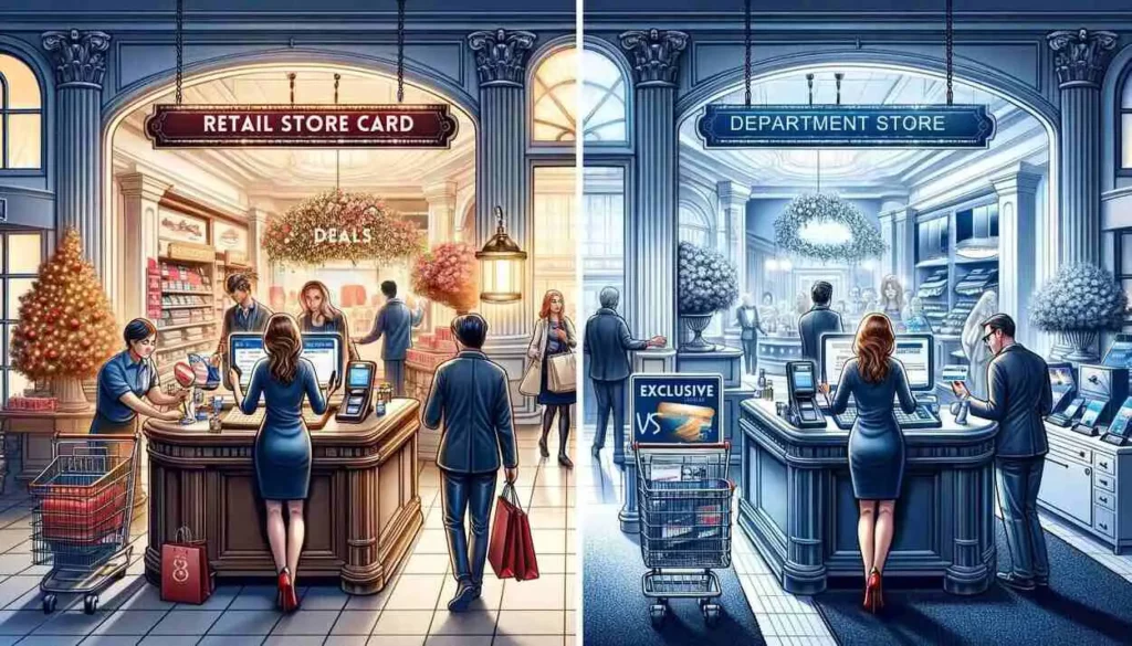 Detailed illustration showing Retail vs. Department Store Credit Cards usage. The left side features a busy retail store checkout scene with a customer paying with a store card, while the right side showcases an elegant department store where a customer uses a department store card among luxury items, emphasizing the distinct shopping experiences and card benefits.