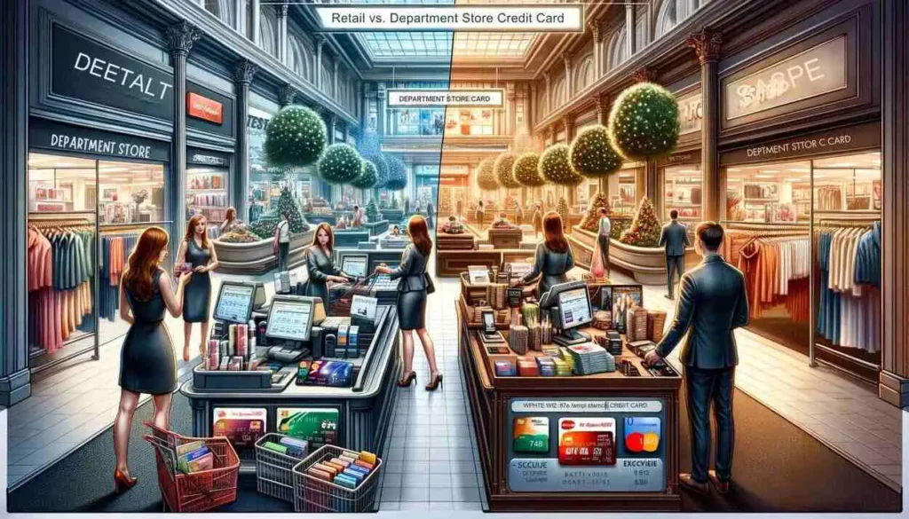 A realistic scene depicting the contrast between Retail and Department Store Credit Cards. On the left, a customer uses a retail store card in a vibrant retail store, with exclusive deals highlighted. On the right, a luxury department store scene with a customer using a department store card, surrounded by high-end products and special financing offers.