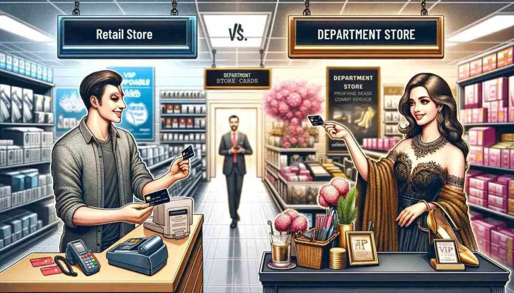 illustrations depicting the contrast between retail and department store credit card experiences, emphasizing customer service differences and product ranges in each setting.