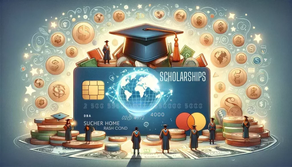 An illustration depicting a credit card adorned with symbols of education—graduation caps, books, and a globe—highlighting the concept of scholarships. Surrounding the credit card are various currencies, emphasizing its global value, while miniature figures of students in graduation attire stand atop, representing hope and determination. The scene is set against a backdrop of academic motifs, illuminated in a warm light, conveying the positive influence of educational financial support through scholarships linked to credit card usage.