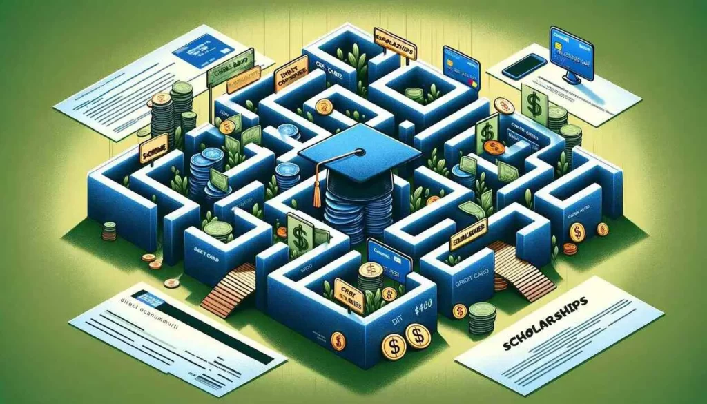 An illustration showcasing a labyrinth constructed from credit card outlines, with a graduation cap positioned at the entrance and a gleaming credit card located at the exit. The maze contains various barriers symbolizing the typical eligibility requirements for obtaining a credit card, such as income thresholds, credit scores, and job status. Scholarships are depicted as either bridges or keys within the maze, illustrating their role in enhancing credit card eligibility. This imagery represents the journey of navigating and overcoming the complexities of credit card applications with the support of scholarships, set against a backdrop of financial paperwork and application forms to underscore the theme of maneuvering through the intricacies of credit card acquisition.