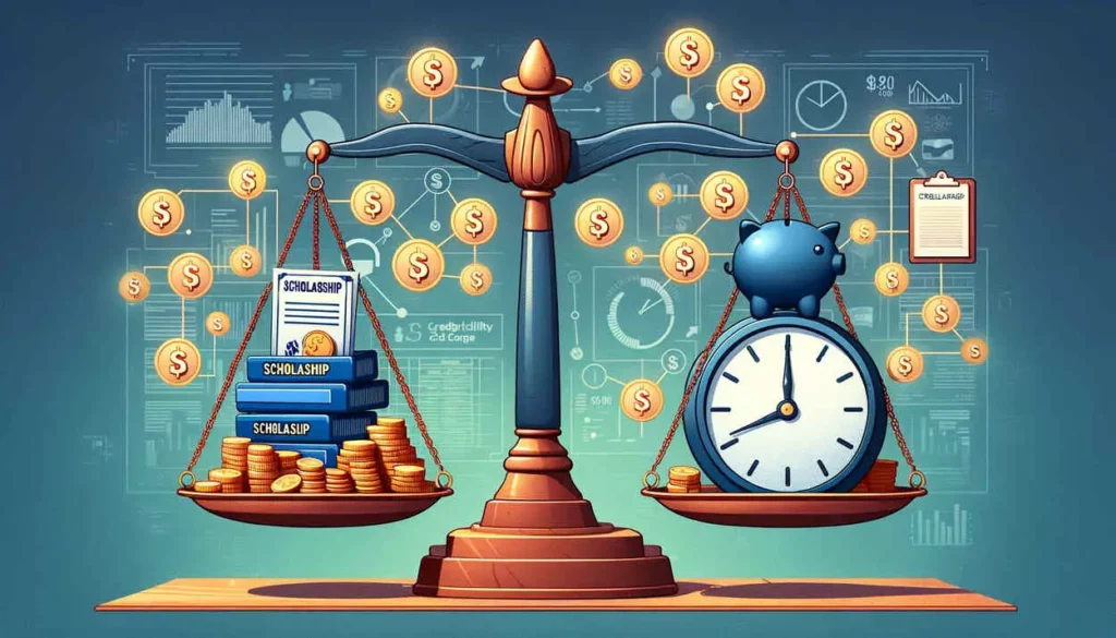 An illustration features a balance scale with two contrasting sides. On one side, there's a stack of scholarship certificates and coins, symbolizing the beneficial aspects of scholarships such as increased income and improved credit scores. This side represents the positive influence of scholarships on credit card eligibility. On the opposite side, a collection of credit cards and a symbol of debt illustrate the potential concerns credit card companies might have about large scholarship amounts being equated with debt. In the backdrop, symbols of credit cards, clocks, and dollar signs are interconnected, showcasing the effects of scholarships on credit utilization and the duration of credit history. The entire scene is set against financial charts and documents, underscoring the complex relationship between scholarships and the process of acquiring a credit card, and highlighting both the advantages and potential drawbacks.