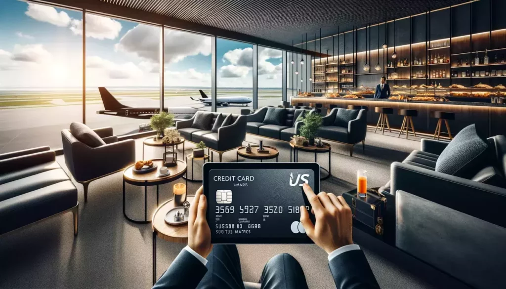 ssence of maximizing travel benefits through smart use of credit cards in an upscale airport lounge setting. Each image reflects the luxury and convenience of leveraging hotel and airline status matches with credit cards.