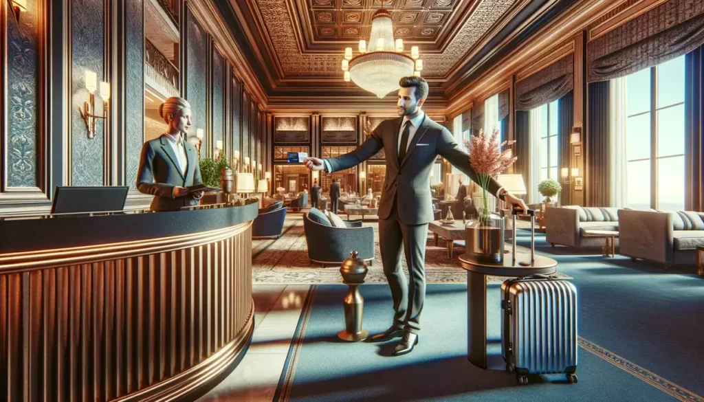 a luxurious hotel lobby scene, where a traveler is enjoying the benefits of hotel and airline status matches, highlighting the luxury travel lifestyle enabled by smart credit card usage.