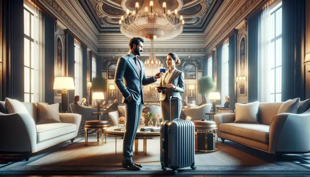 a luxurious hotel lobby scene, where a traveler is enjoying the benefits of hotel and airline status matches, highlighting the luxury travel lifestyle enabled by smart credit card usage.