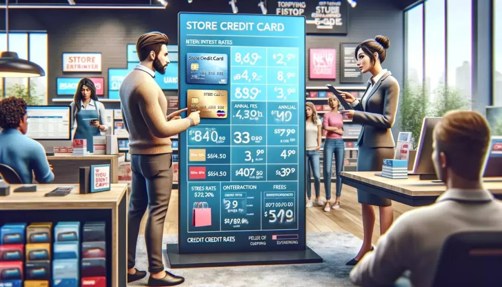 scene in a retail store where a customer holding a store credit card discusses interest rates with a salesperson, who points to a chart showing rates and fees, amidst promotional signs and other shoppers.
