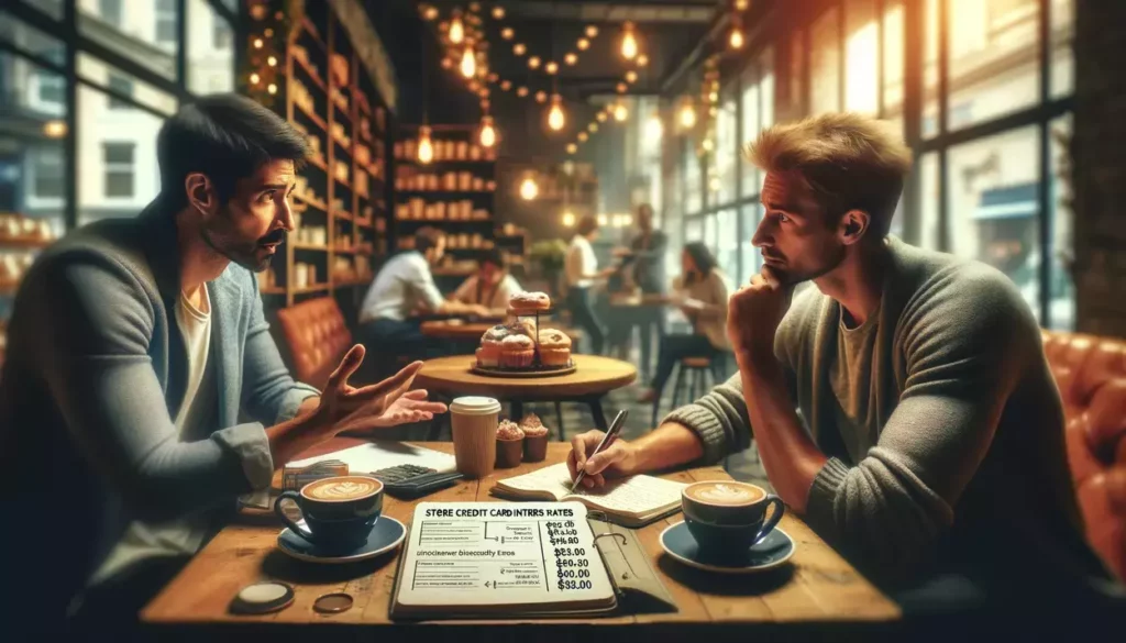 Two friends discussing store credit card interest rates in a cozy, warmly lit coffee shop, with one explaining from a notebook and the other listening intently, amidst coffee cups, pastries, and a bustling atmosphere.