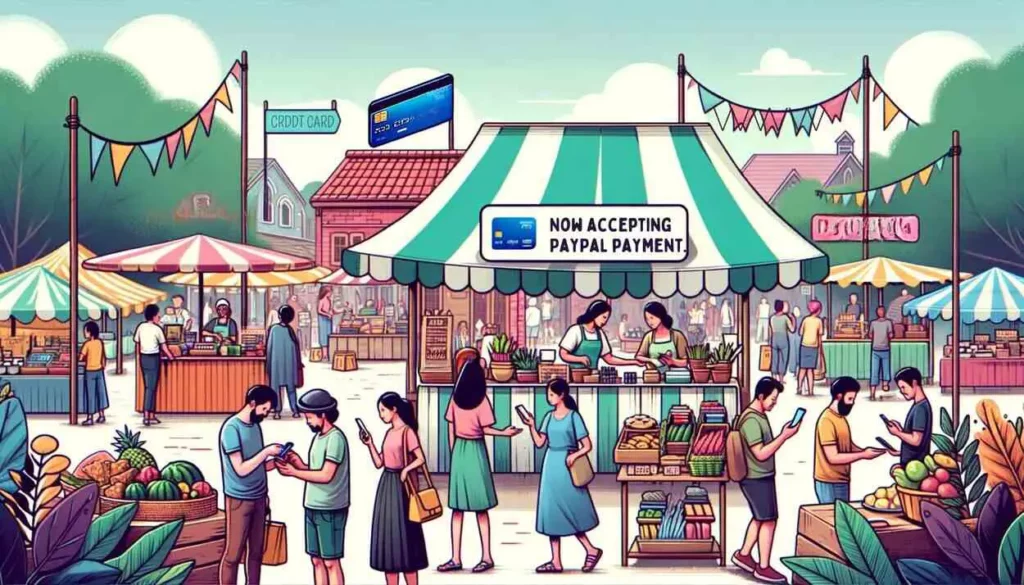 lively outdoor market scene where vendors are offering goods and services, with a focus on a new digital payment or credit card system being embraced by both vendors and shoppers.