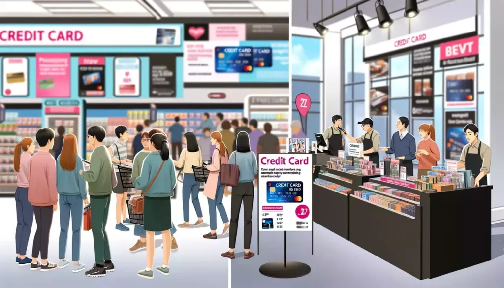 Dynamic interior of a retail store showing shoppers engaging with staff about credit card offers, amidst promotional signs and a positive shopping atmosphere.