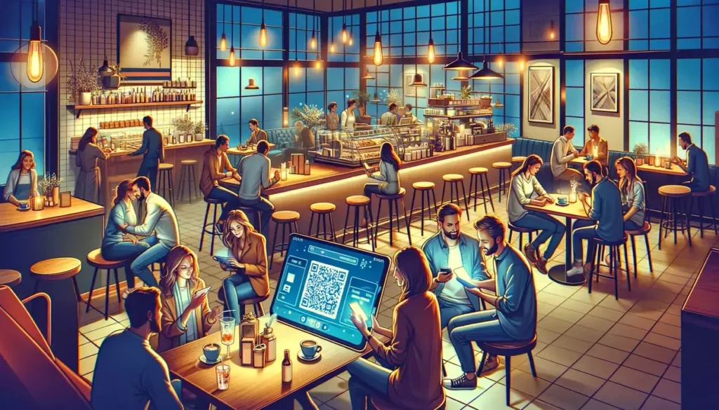 vening at a cozy, bustling café, with a focus on a group of friends engaging with a new app that rewards purchases made with a specific credit card, surrounded by modern and tech-savvy elements.