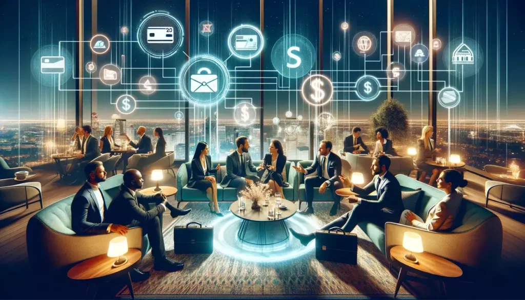 illustrations showcasing a serene evening in a cozy, upscale hotel lounge with business professionals discussing the benefits of their travel credit cards. Each image captures the essence of networking, the exchange of financial advice, and the sophisticated atmosphere of business travel in 2024.