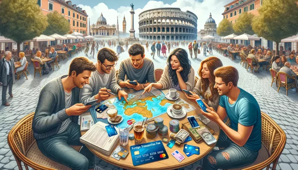 illustration capturing a moment where a group of friends are planning their travel with a focus on managing foreign transaction fees.
