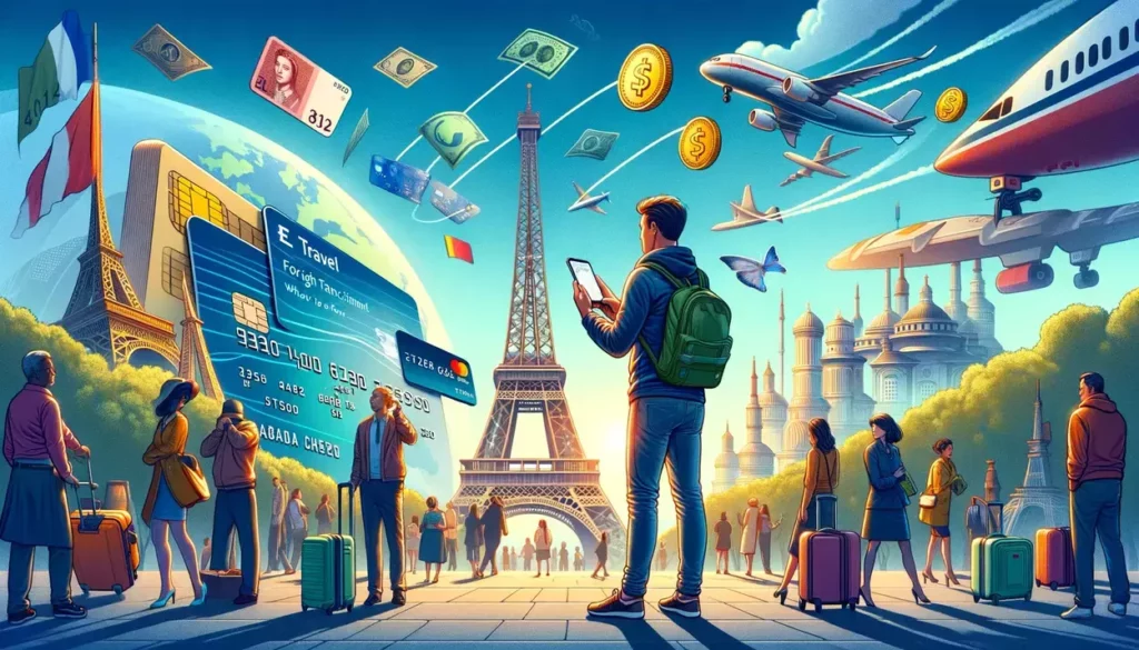 illustrations reflecting the concept of "Travel Credit Card Foreign Transaction Fees: What Travelers Need to Know." Each scene captures a traveler at a renowned global landmark, engaging with their credit card and mobile phone amidst a backdrop of international travel and currency symbols.