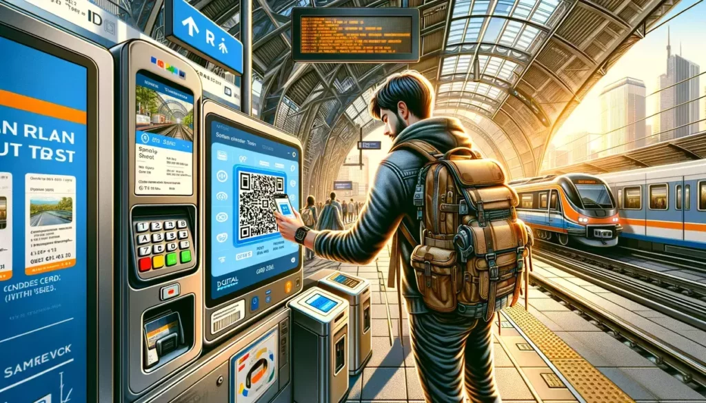 illustrations depicting a traveler at a train station, using their smartphone to enhance travel efficiency through digital solutions