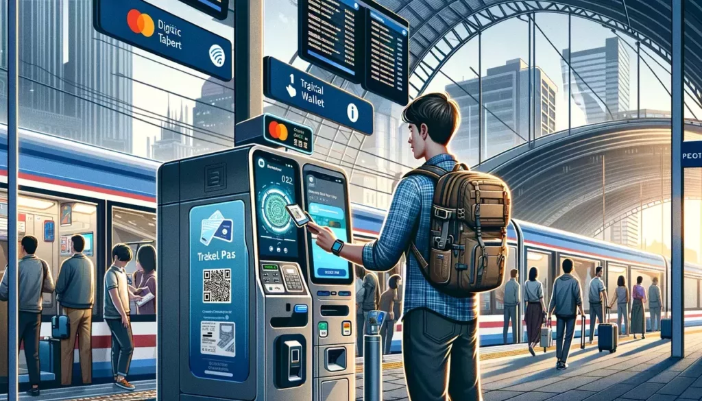 illustrations depicting a traveler at a train station, using their smartphone to enhance travel efficiency through digital solutions