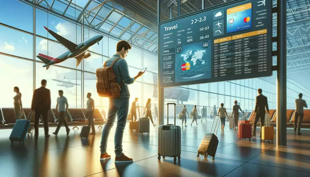 illustrations depicting a modern traveler at an airport terminal, showcasing the integration of credit cards and travel apps for maximizing travel efficiency.