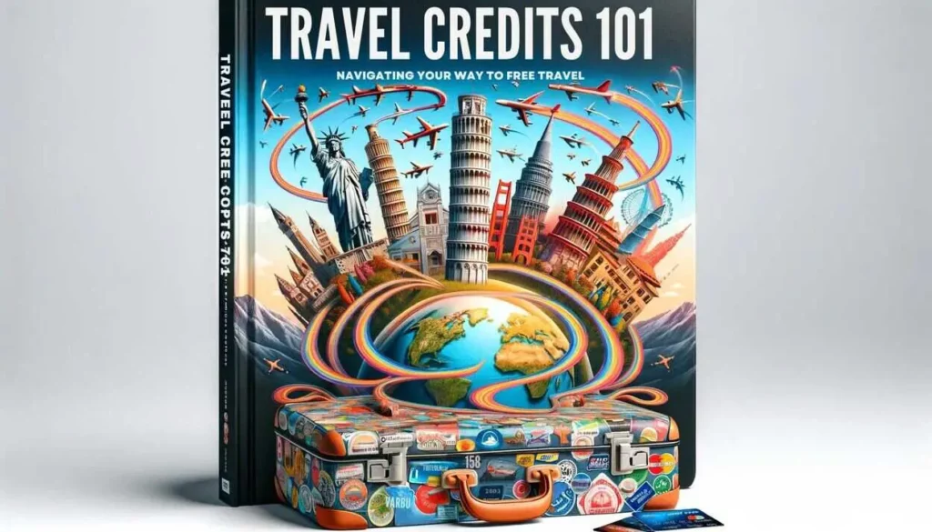 visualizing a cover for the guidebook "Travel Credits 101: Navigating Your Way to Free Travel." These designs encapsulate the essence of global exploration facilitated by travel credits, blending iconic landmarks with elements of travel planning.
